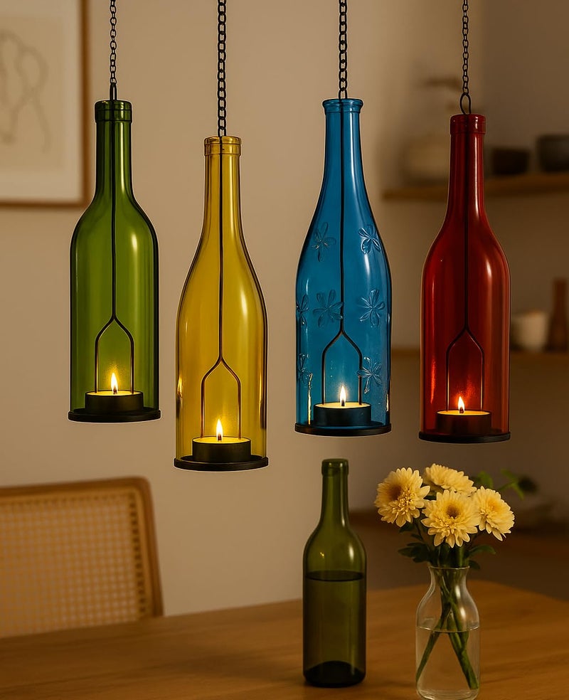 AceList 4-Pack Hanging Candle Holder for Cut Glass Bottles â€“ Rustic Black Iron DIY Wine Bottle Lantern for Patio, Wedding, Halloween, Christmas DÃ©cor & Gift - Image 4